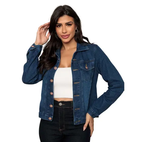 Jaqueta Jeans Feminina Simples 100% Algodão
