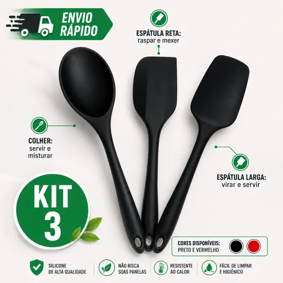 Conjunto De Espátulas mais Colher de Silicone Antiaderente Utilidade Domestica Multifuncional
