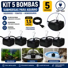 KIT COM 05 BOMBAS SUBMERSAS PARA AQUÁRIO/FONTE/BEBEDOURO - BIGOOFISH - BIVOLT - 180L/H -3W