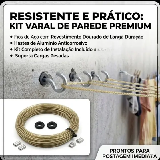KIT COMPLETO PARA MONTAGEM DE VARAL/ CORDA  DE ACO ENCAPADO COM 4 GANCHOS E BUCHAS