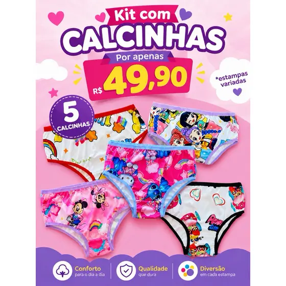 Kit 5 Calcinhas Infantil Suede Premium Unidades Sortidas