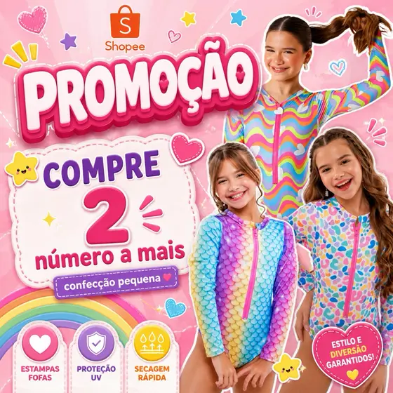 Maiô Infantil Juvenil Manga Longa com Zíper Proteção UV Moda Praia Menina 6 a 16 anos