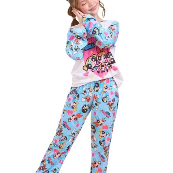 Pijama Manga Longa e Calça Infantil Meninas Super Poderosas Azul - 153