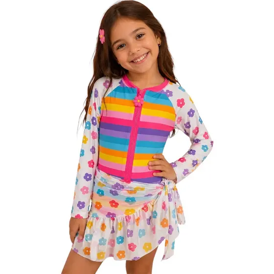 Kit Maiô Zíper Infantil Juvenil e Saída de Praia Tule Flor Listras - 240