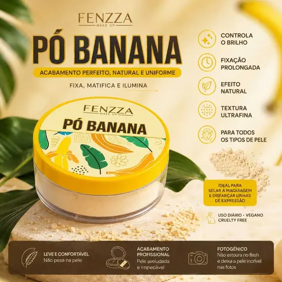 Pó Banana Fenzza 15g Facial Solto Matificante Vegano Controle de Oleosidade
