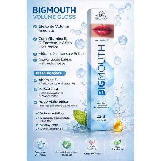 Gloss Labial Aumenta Volume Big Mouth Phallebeauty INCOLOR– Hidratante com Ácido Hialurônico