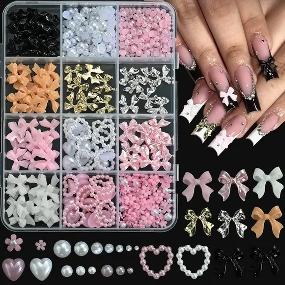 Caixa c/12 Grades Nail Art Laços 3D Pérolas Strass Decoração Unhas Gel Fibra Alongamento Manicure DIY