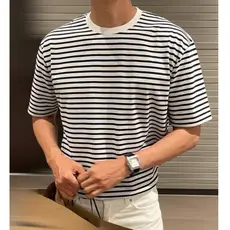 Camiseta listrada masculina gola redonda multicores, confortável, respirável, simples e moderna 0973