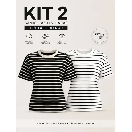Kit 2 Camisetas Listrada Basica Feminina