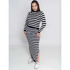 Conjunto Tricot Blusa E Saia Listradas Manga Longa E Fenda Lateral
