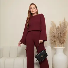 Conjunto Tricot Feminino Mousse Manga Flare + Calça Pantalona Elegante Inverno