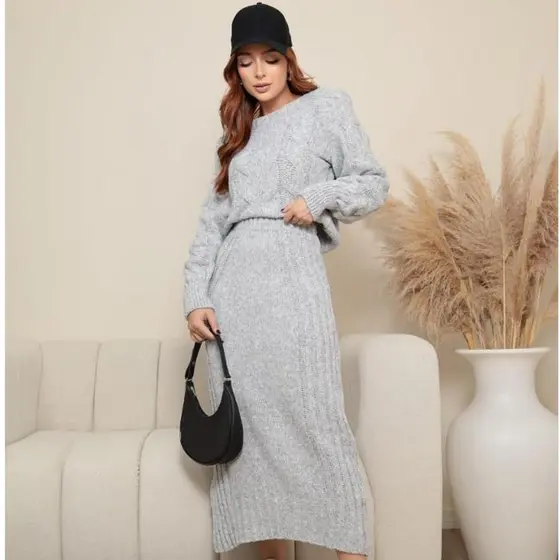 Conjunto Feminino de Tricô Inverno Blusa Manga Longa e Saia Midi Canelado Premium