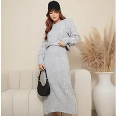 Conjunto Feminino de Tricô Inverno Blusa Manga Longa e Saia Midi Canelado Premium