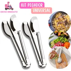 Kit 3 Pegador Universal Premium em Aço Inox Multiuso Carnes Saladas Massas Restaurantes Bares Casa