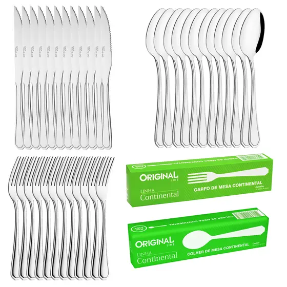 Kit 36 peças 12 Garfos 12 Facas e 12 Colher de sopa Inox Continental Restaurante Lanchonete