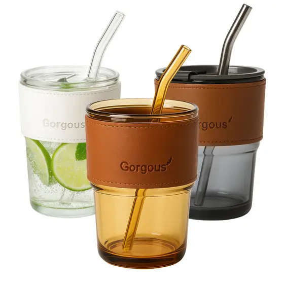 Copo de Vidro Com Canudo 450ml Coldre Couro Cozinha Decoração Drink Chá Bebidas