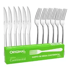 Kit 12 peças 6 Garfos e 6 Facas Inox Continental Faqueiro Inox Jogo de Talheres Inox