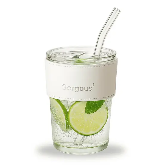 Copo de Vidro Branco Com Canudo 400ml Coldre Couro Capuccino Café Caneca de Vidro