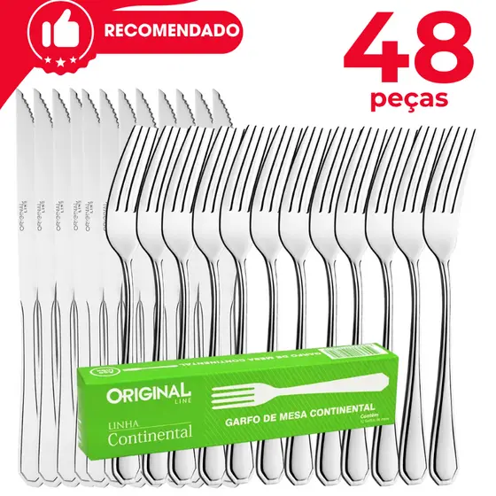 KIt 48 Peças 24 Garfos 24 Faca Continental Inox Premium KitTalheres Restaurante Buffet Lanchonete
