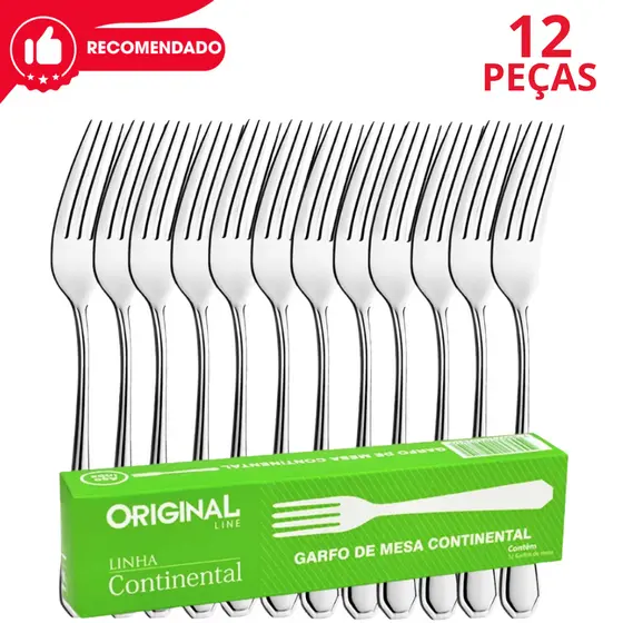 Kit 12 Garfos de Mesa Aço Inox Continental Original Line Talheres Restaurante Buffet