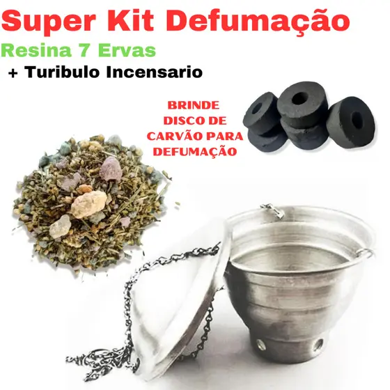 Kit Defumação - Turíbulo Incensário + Resina Sete Ervas 100g Combinadas + Disco de Carvão
