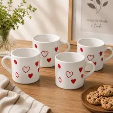 Jogo de Xicara 4 Peças LOVED em CERAMICA Estampada Coração Cha Cafe Conjunto de Xicaras