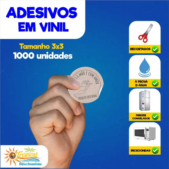 Adesivos, etiquetas e rótulos em Vinil 3x3 1000 unidades em Vinil a prova dágua