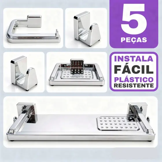 Kit de Acessórios para Banheiro com 5 peças Instala Fácil