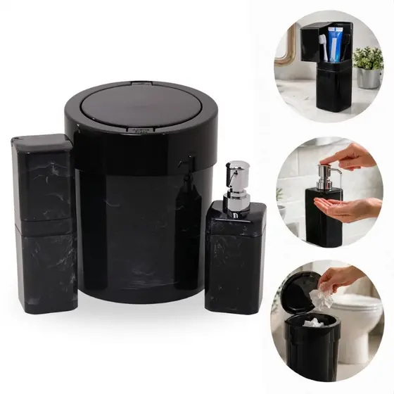 Kit Banheiro 3 Peças Lixeira + Porta Escova + Porta Sabonete Líquido