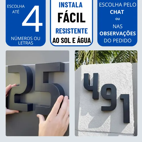 Números Residenciais Letras Caixa Alta 3D Kit com 1 a 4 uni Preto Cromado para Casa Comércio Fachada