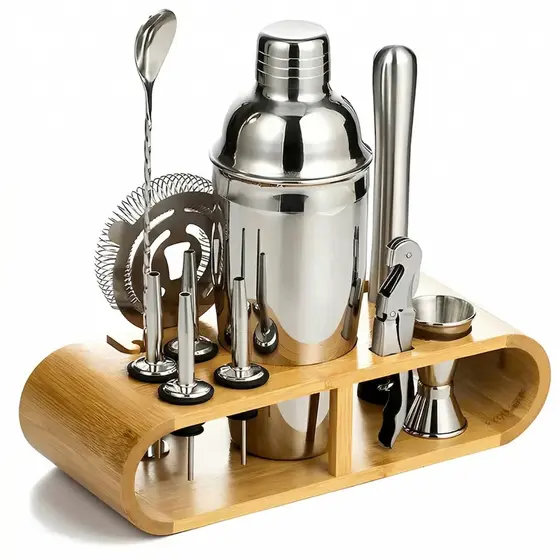 Kit Barman Luxo 12 Peças – Aço Inox Premium com Base em Madeira LUWAVE