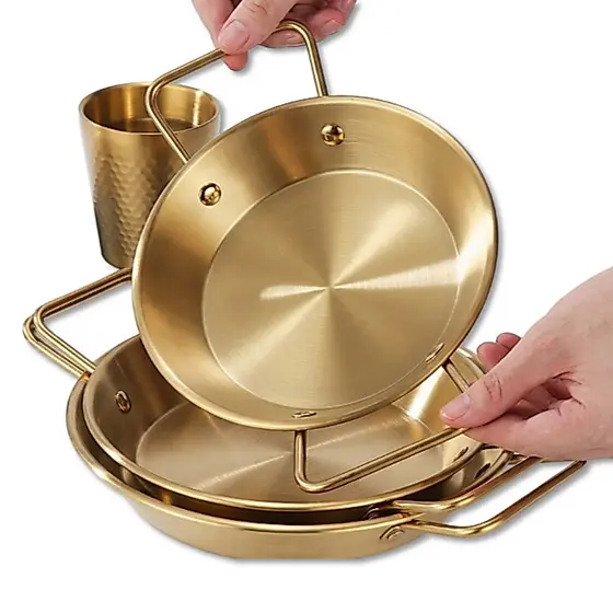 Frigideira De Inox Dourada Com Alça Dupla Premium Travessa Coreana Para Servir Paella Petiscos 23cm / 27cm / 35cm