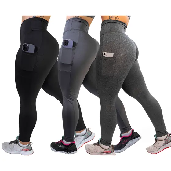 Kit 3 Calças c/ Bolso Cos Alto Reforçada Academia Corrida Trabalho