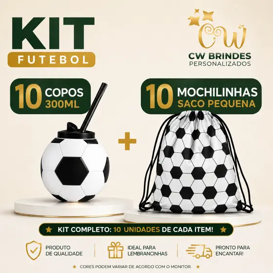 KIT COM 10 COPOS EM FORMATO DE BOLA DE FUTEBOL PRETA E BRANCA 300ML + 10 MOCHILINHAS 19x28CM