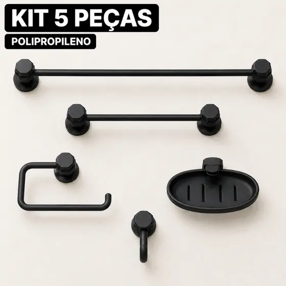 Kit Acessórios para Banheiro 5 Peças Completo Toalheiros Porta Papel Saboneteira Cabide Preto Fosco