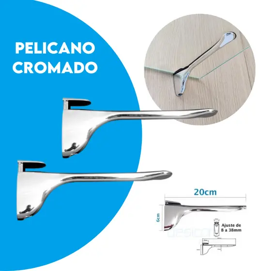 2 Suporte Pelicano Cromado Para Prateleira Vidro Madeira Par