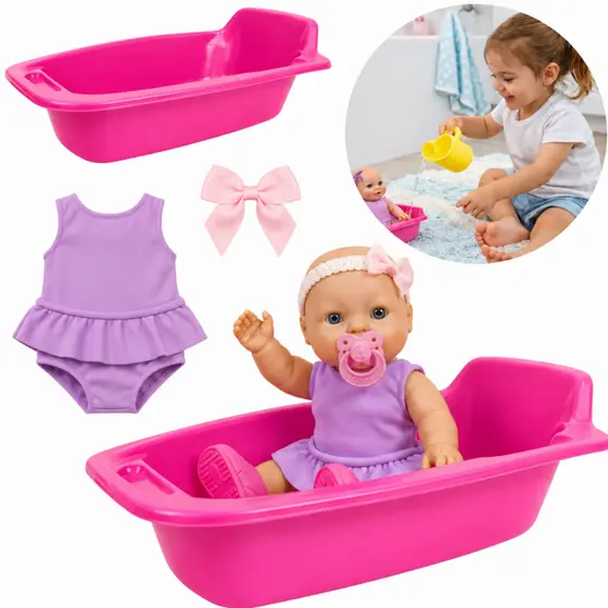 Boneca Vestido com Banheira e Acessórios Infantil Pequena Reborn