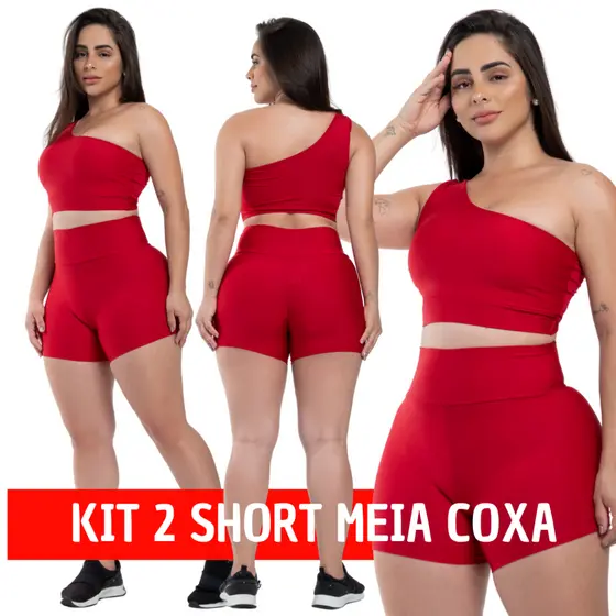 Kit 2 Short Meia Coxa Feminino Fitness Suplex Valoriza o corpo Compressão Cintura Alta Tecido Grosso