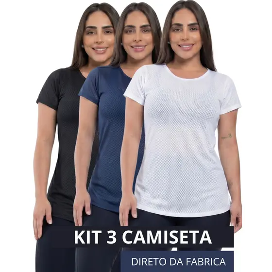 KIT 3 Camisetas Femininas Fitness Dry Fit Furadinha Baby Look Manga Curta Treino Academia Corrida Caminhada | 3 Peças