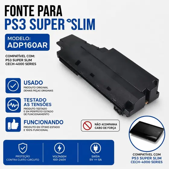 FONTE PS3 SUPER SLIM/ SLIM ORIGINAL TESTADA (USADO) PLAY 3 PLASTATION 3 SLIM SUPER SLIM