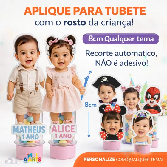 Aplique / Tag para Tubete Personalizado 8cm com Foto da Criança – Aplique Recortado – Qualquer Tema – Não é Adesivo