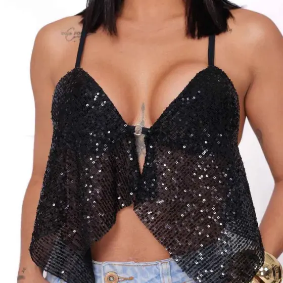 Cropped Cortininha Frente V Única Com Bojo Moda Feminina Verão