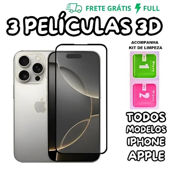 PELICULAS DE VIDRO 3D Temperado Para IPhone 17 XS XR 11 12 13 14 15 16 Pro Max 16E 12 Mini