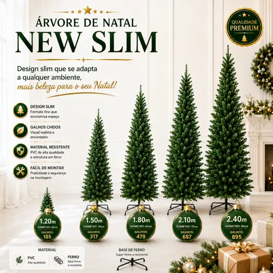 Árvore de Natal Slim Todos os Tamanhos Grande e Cheia