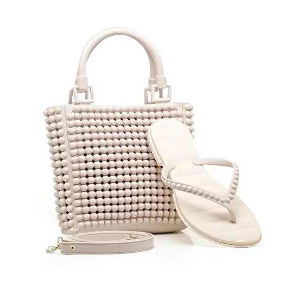 Kit Praia Luxo Chinelo Pérola Feminino + Bolsa de Bolinhas Injetada PVC Tendência Verão