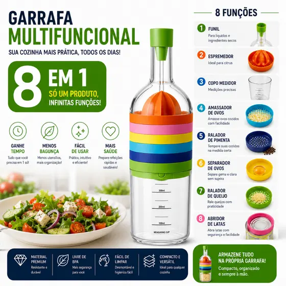 Kit Cozinha 8 em 1 Multifuncional Medidor Funil Ralador Espremedor Separador Ovos Mixer Manual