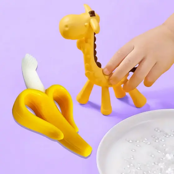 Mordedor Silicone Banana Escovinha Bebes Dentição Girafinha de Silicone Macio Baby Conjunto