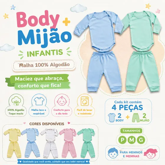 kit 4 Peças Mijão Calça e Body Manga Longa Infantil Bebê Masculino e Feminino