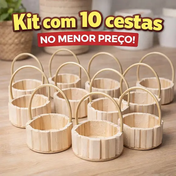 Kit 10 Cestas de Madeira Fraldeira Redonda c/ Alça 11x11cm