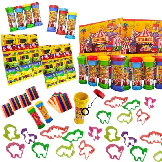 Kit 10 Caixas Massa de Modelar + 10 Bolha De Sabão + 30 Cortadores Festa Aniversario  Prenda Criança